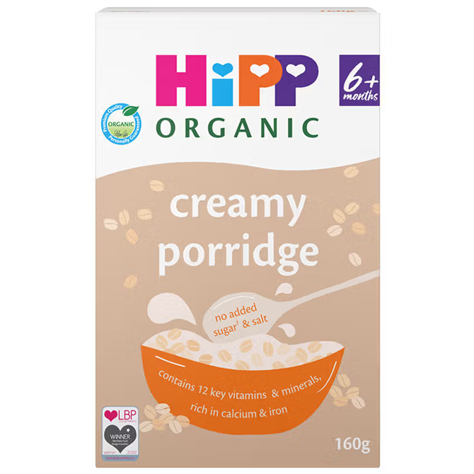 HiPP Organic creamy porridge packaging on a white background
