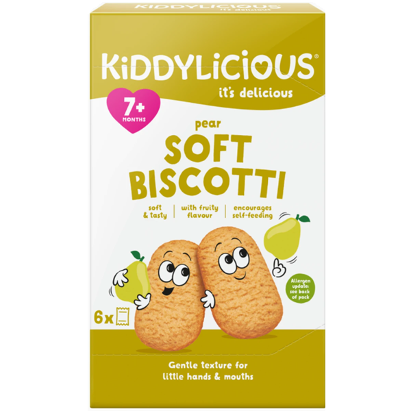 Kiddylicious pear soft biscotti packaging on a white background