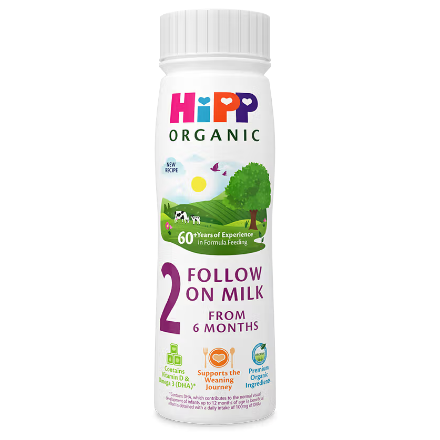 Hipp Organic Follow On Milk bottle on a white background