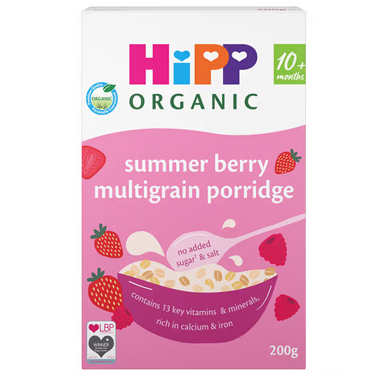 Hipp Organic summer berry multigrain porridge packaging on a white background